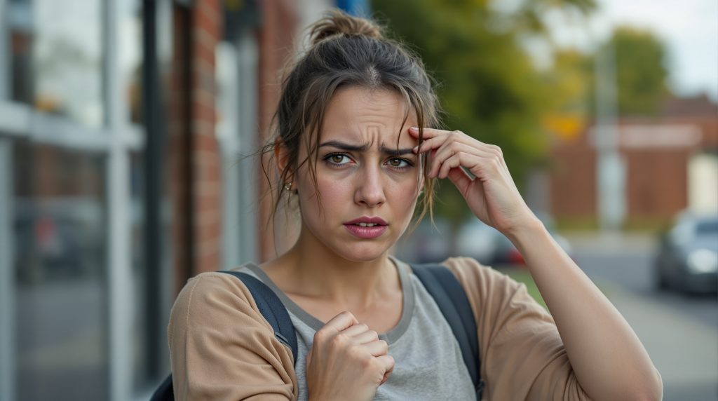 Stressed young mother with furrowed brow and hand on forehead looking overwhelmed at school pickup while energetic child runs toward her with backpac