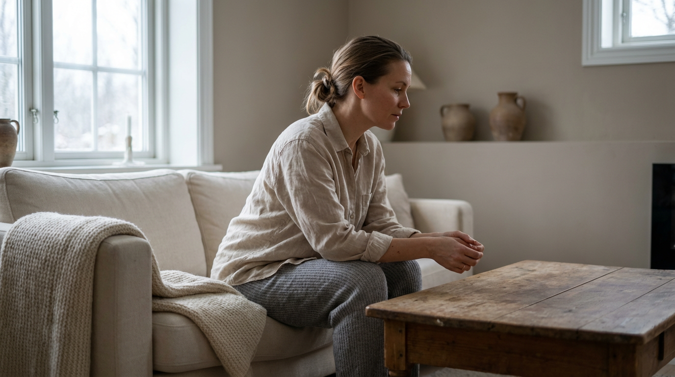 Woman in her 40s sitting contemplatively on couch edge in minimalist living room with natural winter light, conveying thoughtful introspection and emotional complexity