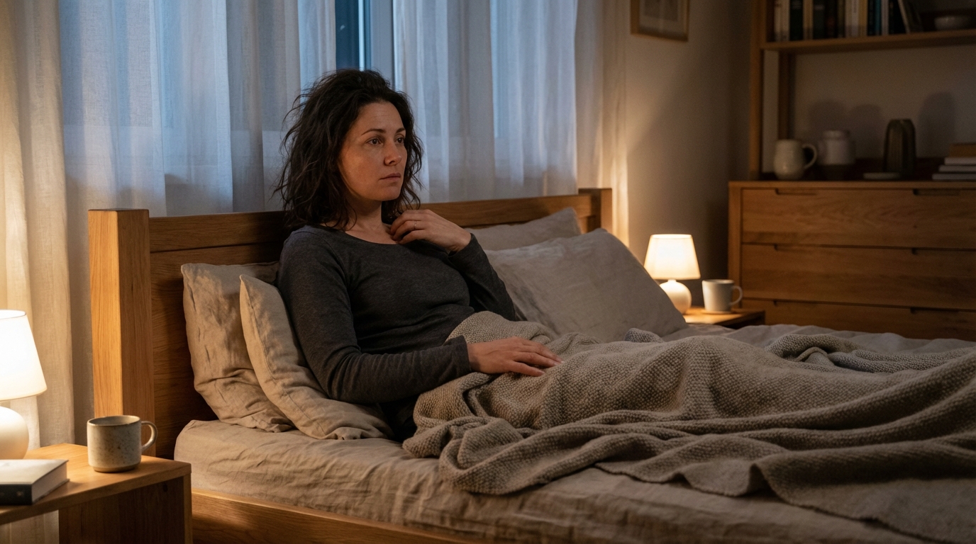 Woman in her late 30s sitting upright in bed at night with thoughtful expression, dimly lit by soft bedside lamp, wearing neutral sleepwear in calm bedroom with linen bedding
